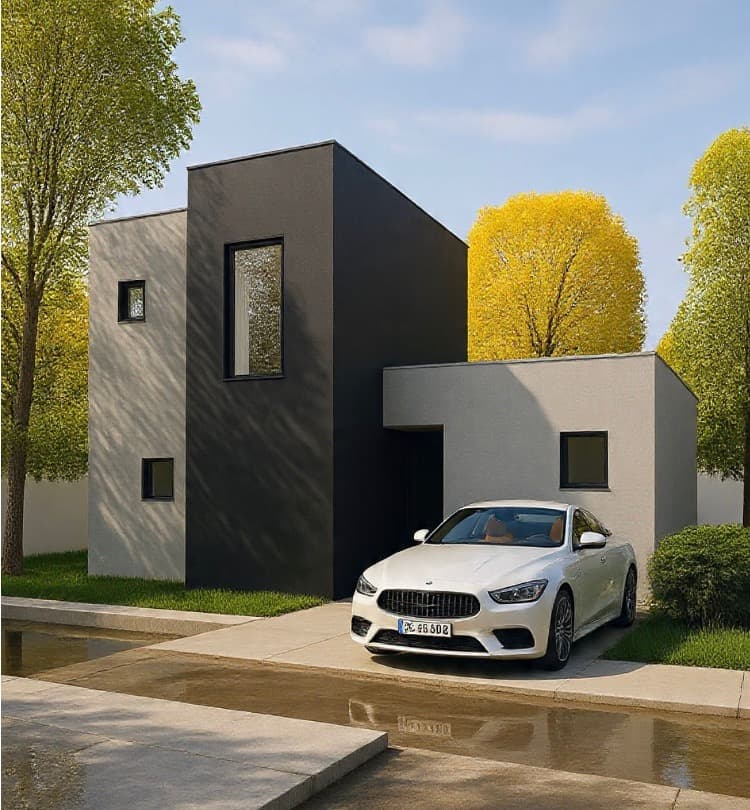Render de casa industrializada de un proyecto real